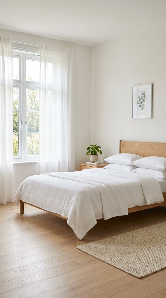 A bright bedroom with sheer white curtains letting in soft natural light, a wooden bed with white bedding, a small plant on a bedside table, and a woven rug on the floor.