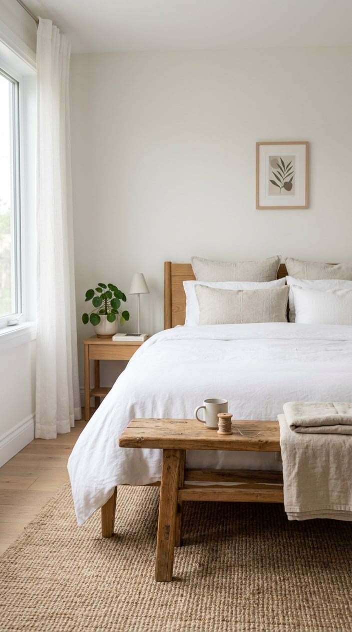 A bedroom with a neatly made bed and a vintage wooden bench at the foot of the bed in a calm, uncluttered room.