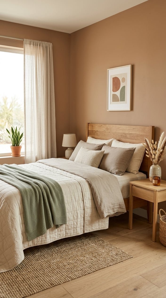 A calm, neatly arranged bedroom with a bed, wooden headboard, bedside table with vase, soft natural light, and neutral cream, clay, taupe, and sage colors.