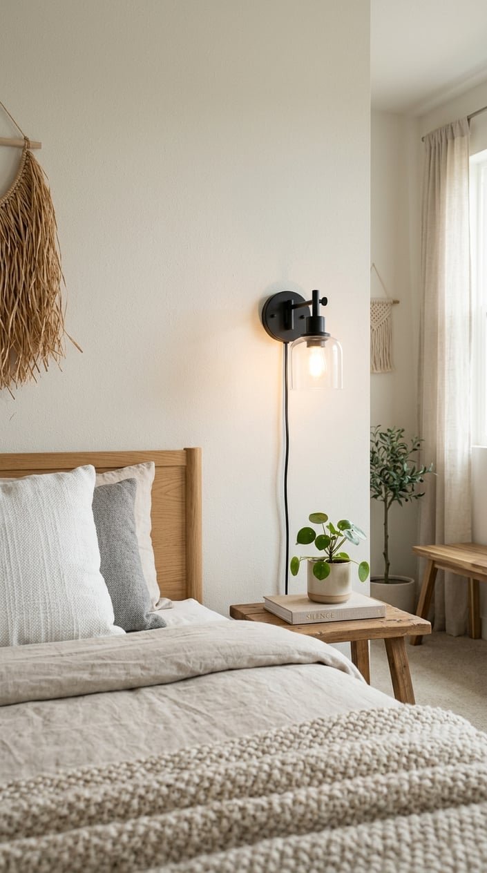 A clean and simple bedroom with a wall-mounted plug-in sconce above a bedside table, featuring minimal decor and a tidy bed.
