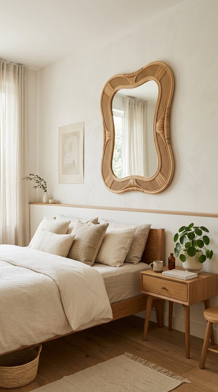 A calm, tidy bedroom with a bed, a wooden nightstand, a potted plant, and a sculptural mirror with a wood or rattan frame on the wall.