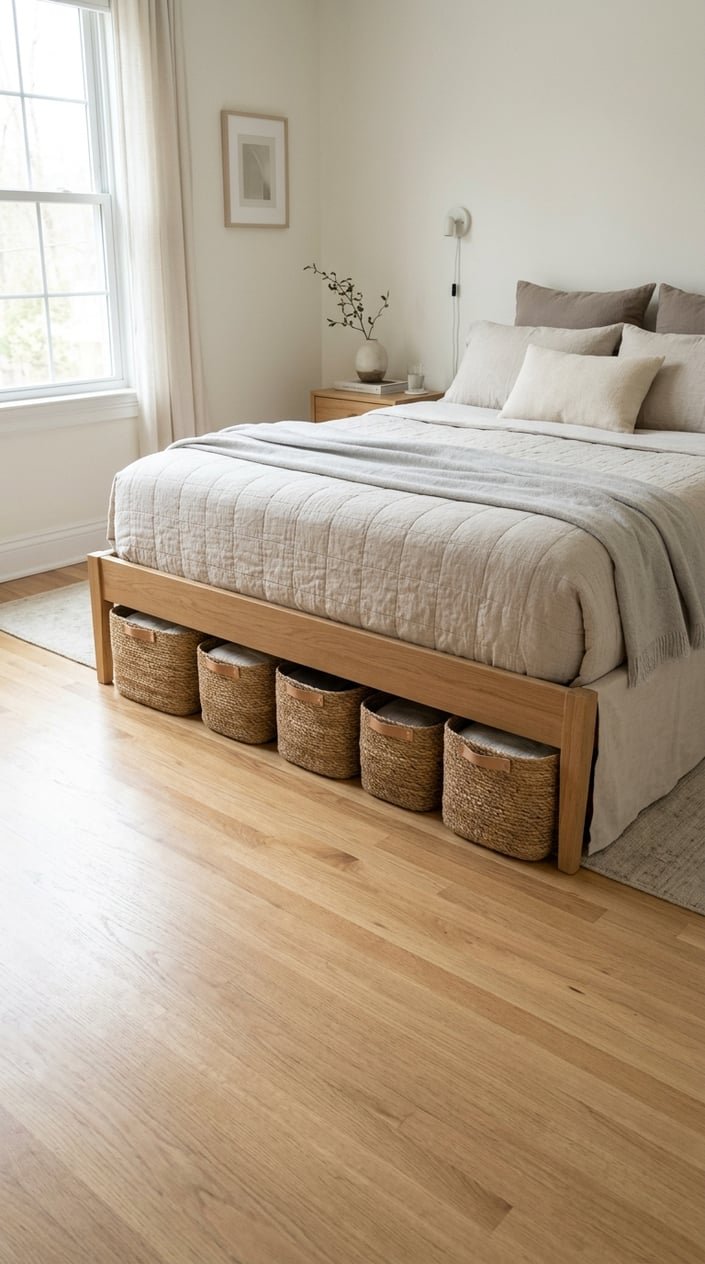 A tidy bedroom with woven baskets stored neatly under the bed for hidden storage.