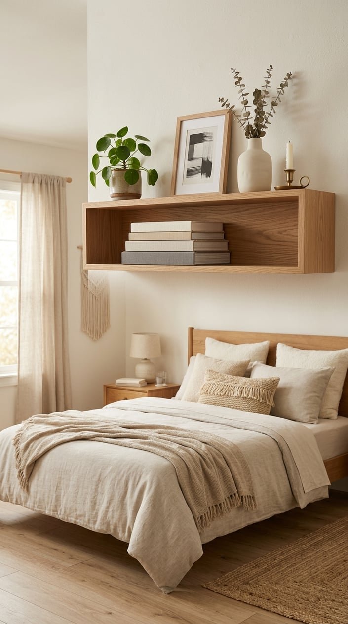 A calm bedroom with an open wall shelf displaying asymmetrical decor including a plant, books, a vase, and framed art above a neatly made bed.