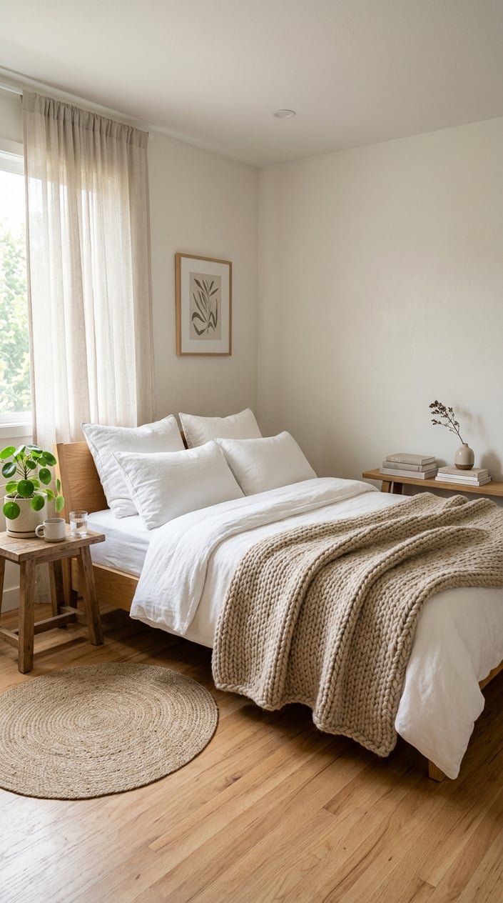 A neatly made bed with a chunky knit throw blanket in a neutral color in a bright, calm bedroom with minimal furnishings and natural light.
