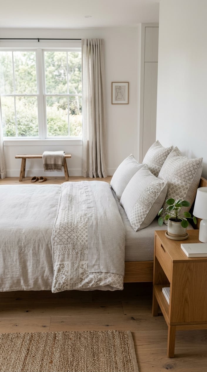 A calm and tidy bedroom with a neatly made bed featuring subtly patterned bedding, natural light, and simple wooden furniture.