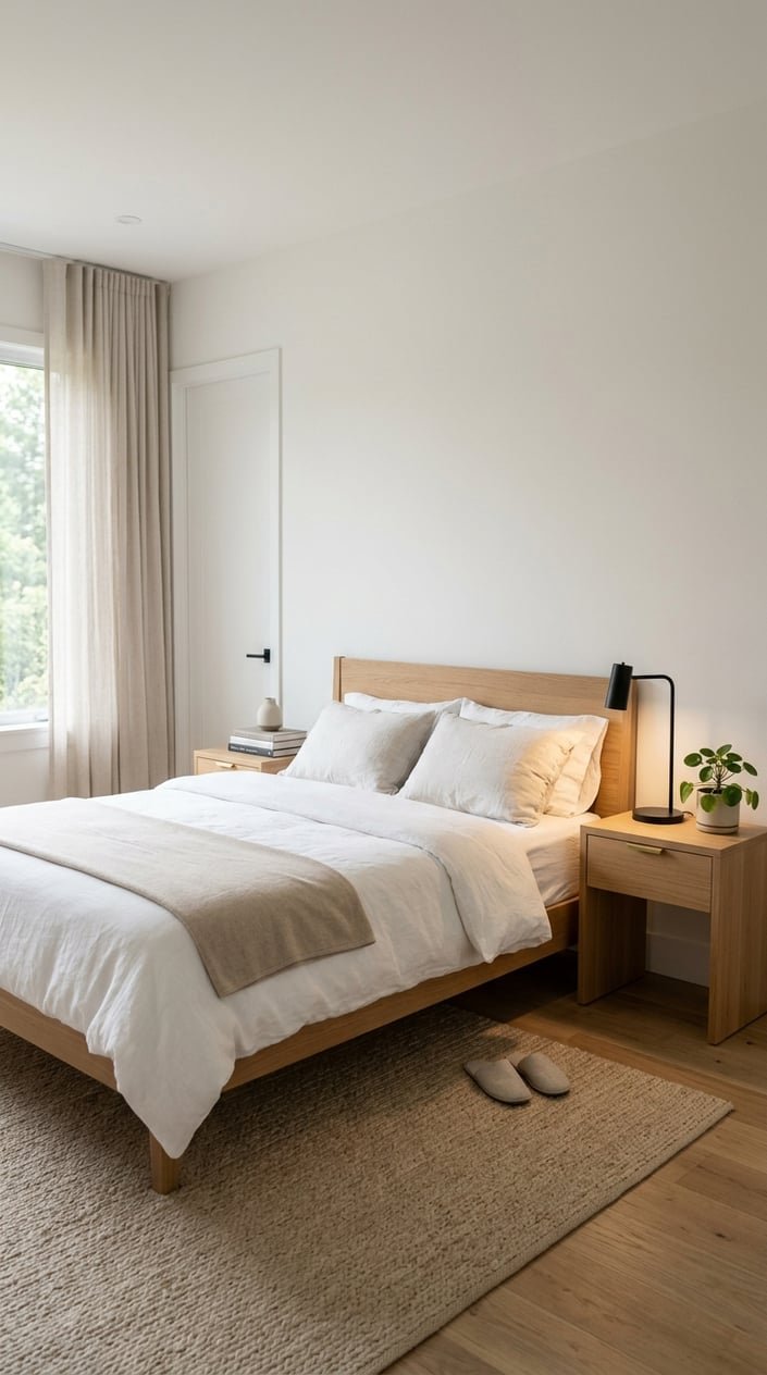 A tidy bedroom with a bed, natural light, and furniture featuring black and brass hardware.