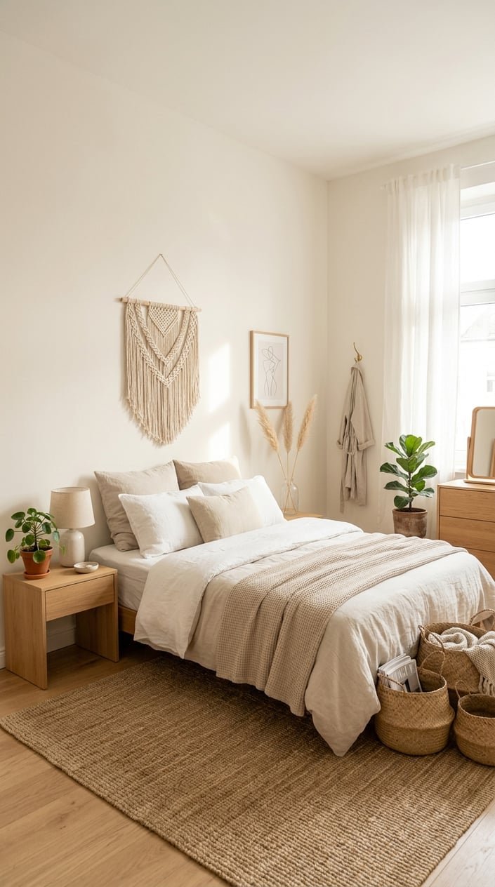A bright and peaceful bedroom with a low bed, wooden furniture, natural decor, and soft natural light.