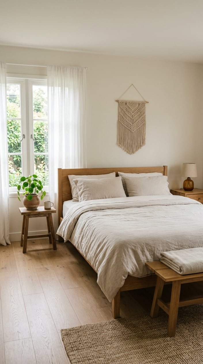 A clean and tidy bedroom with a made bed, soft natural light, a plant on a nightstand, and minimal decor.