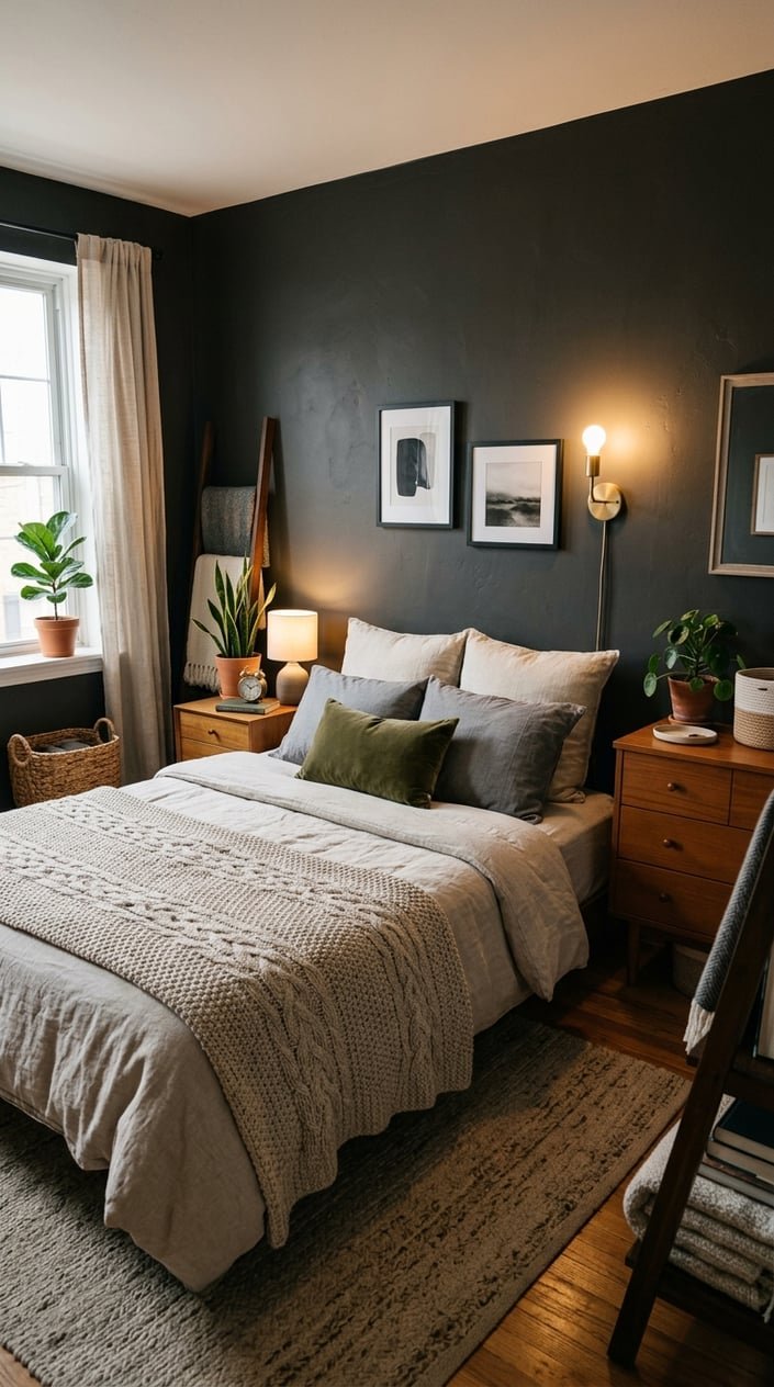 A small bedroom with dark gray walls, a neatly made bed with layered pillows and a throw, wooden furniture, plants, and soft lighting creating a warm and cozy atmosphere.