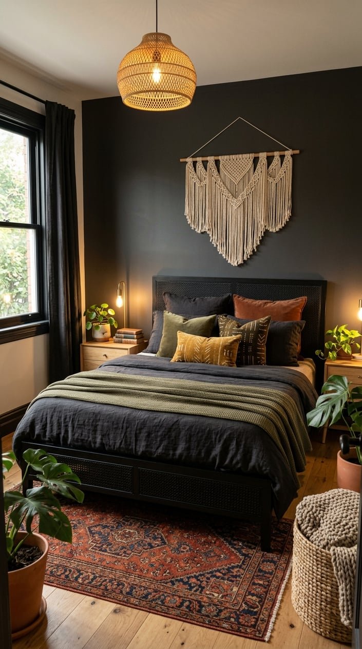 A small bedroom with a black cane bed frame, dark bedding, warm lighting, plants, and cozy decor.