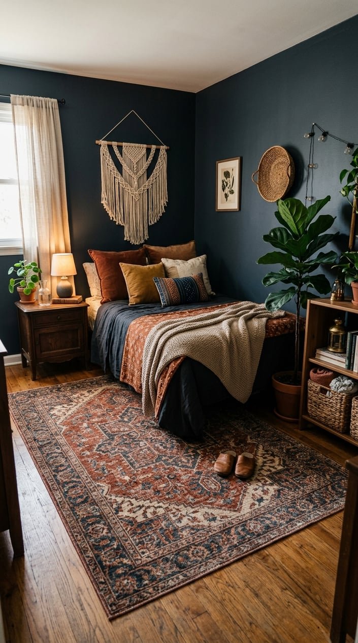 A small bedroom with a bed, a rust and charcoal rug on the floor, wooden furniture, plants, and warm lighting.