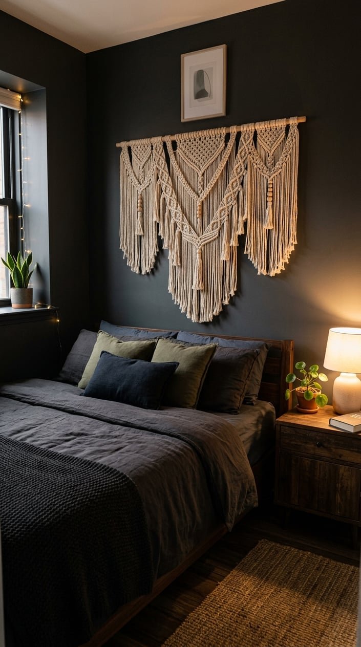 A small bedroom with a neatly made bed and a large macramé wall hanging above it.