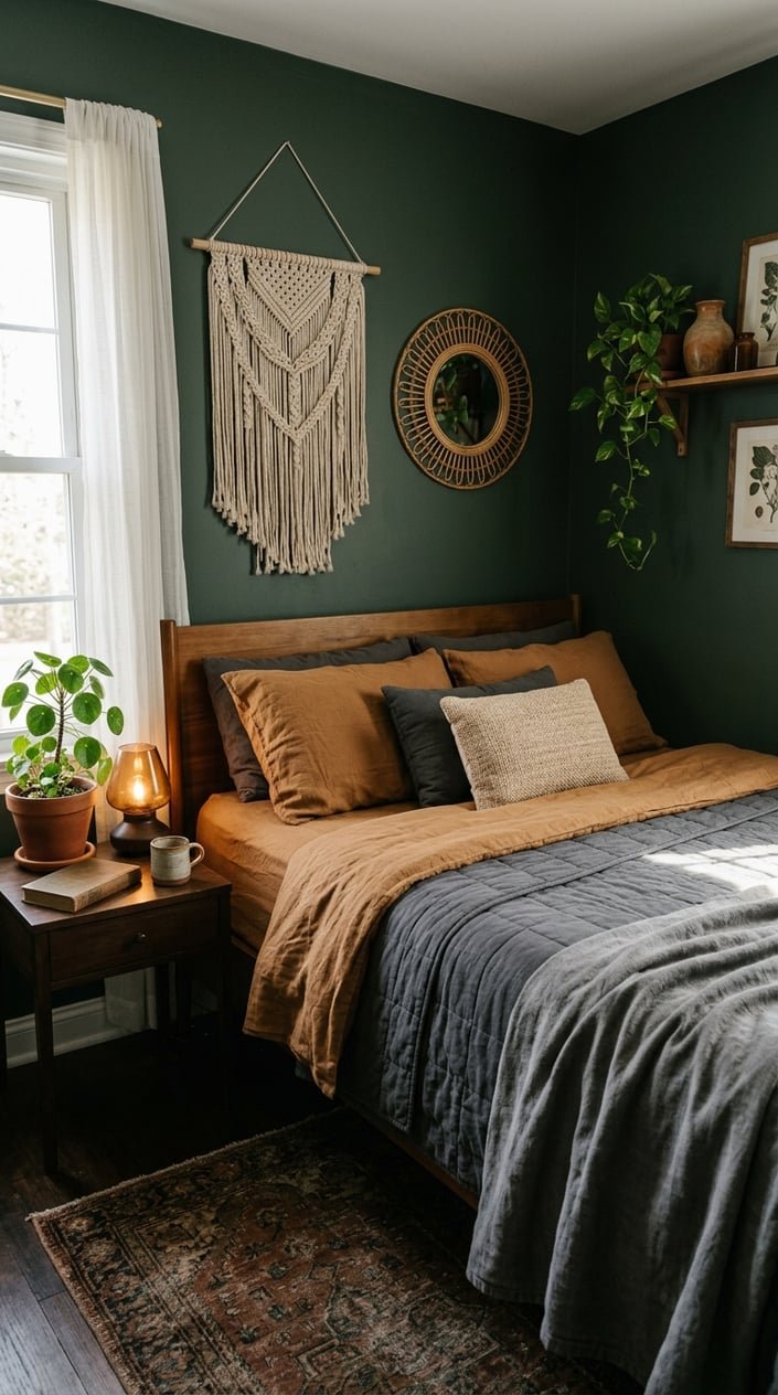 A small bedroom with caramel linen sheets and a charcoal quilt on the bed, surrounded by dark-toned walls and cozy decor.