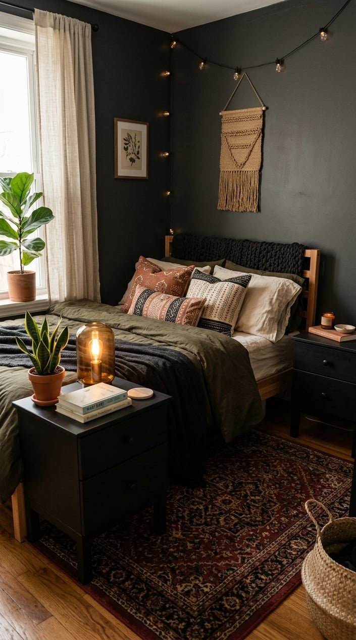 Small bedroom with a bed and two black nightstands, warm lighting, and cozy decor.