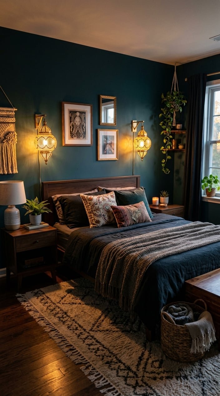 A small bedroom with dark walls, warm brass wall sconces glowing softly, a neatly made bed, and cozy furnishings.