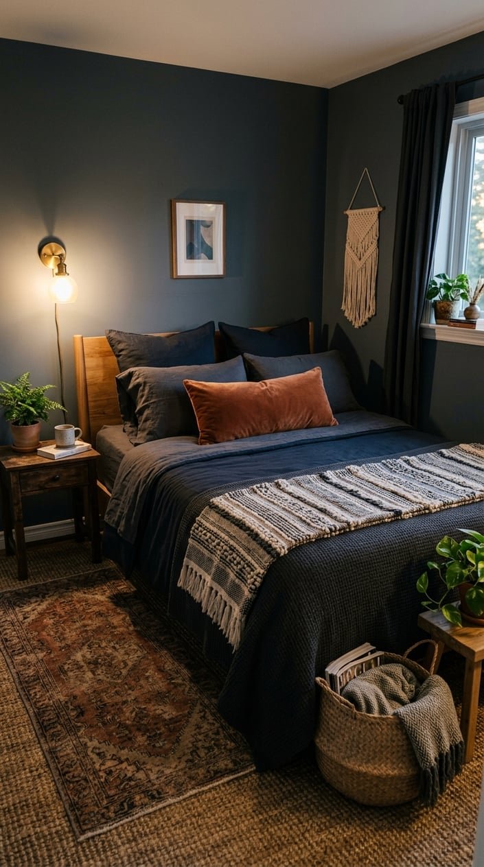 A small bedroom with a neatly made bed featuring a rust-colored velvet pillow, dark bedding, warm lighting, and cozy decor.