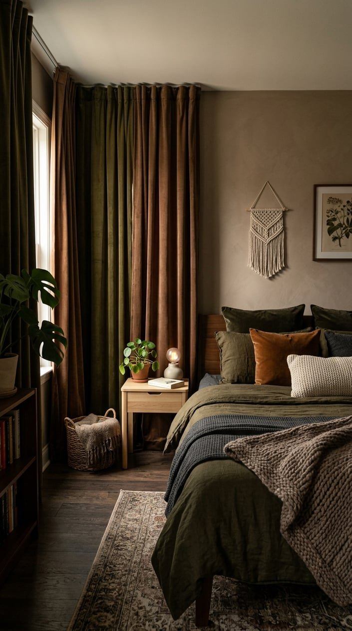 A small bedroom with floor-to-ceiling velvet curtains in deep olive and cocoa colors, a neatly made bed with dark bedding, wooden furniture, and plants.