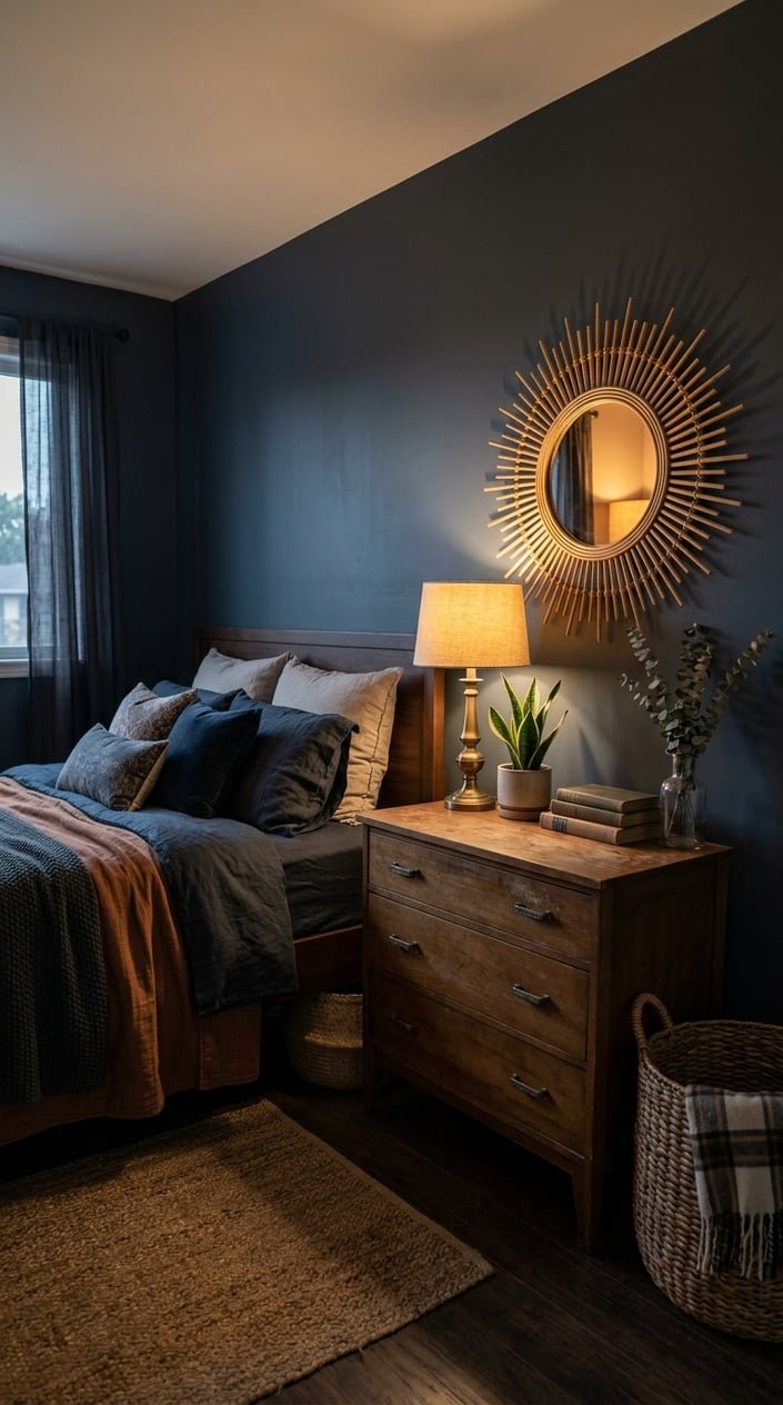 A small bedroom with a round rattan mirror above a wooden dresser, a neatly made bed with dark bedding, warm lighting, and plants.
