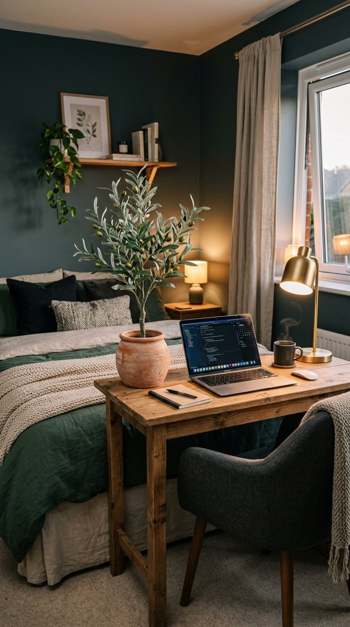 Small bedroom workspace with a wooden desk, laptop, chair, and a green plant in a terracotta pot beside the desk.