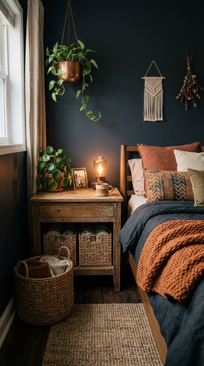 A small bedroom corner with dark walls, warm lighting, woven baskets for storage, a wooden nightstand, and cozy bedding.