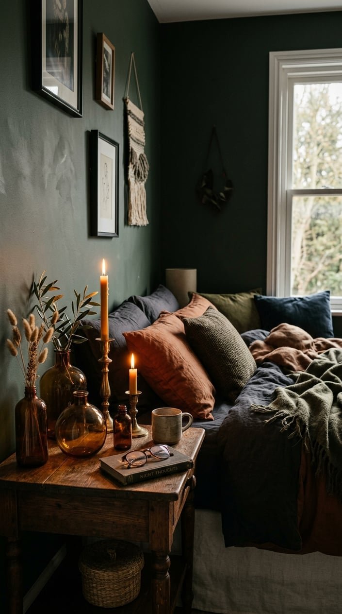 A small bedroom corner with a wooden bedside table holding amber glass vases and brass candlesticks with lit candles, next to a bed with dark bedding.