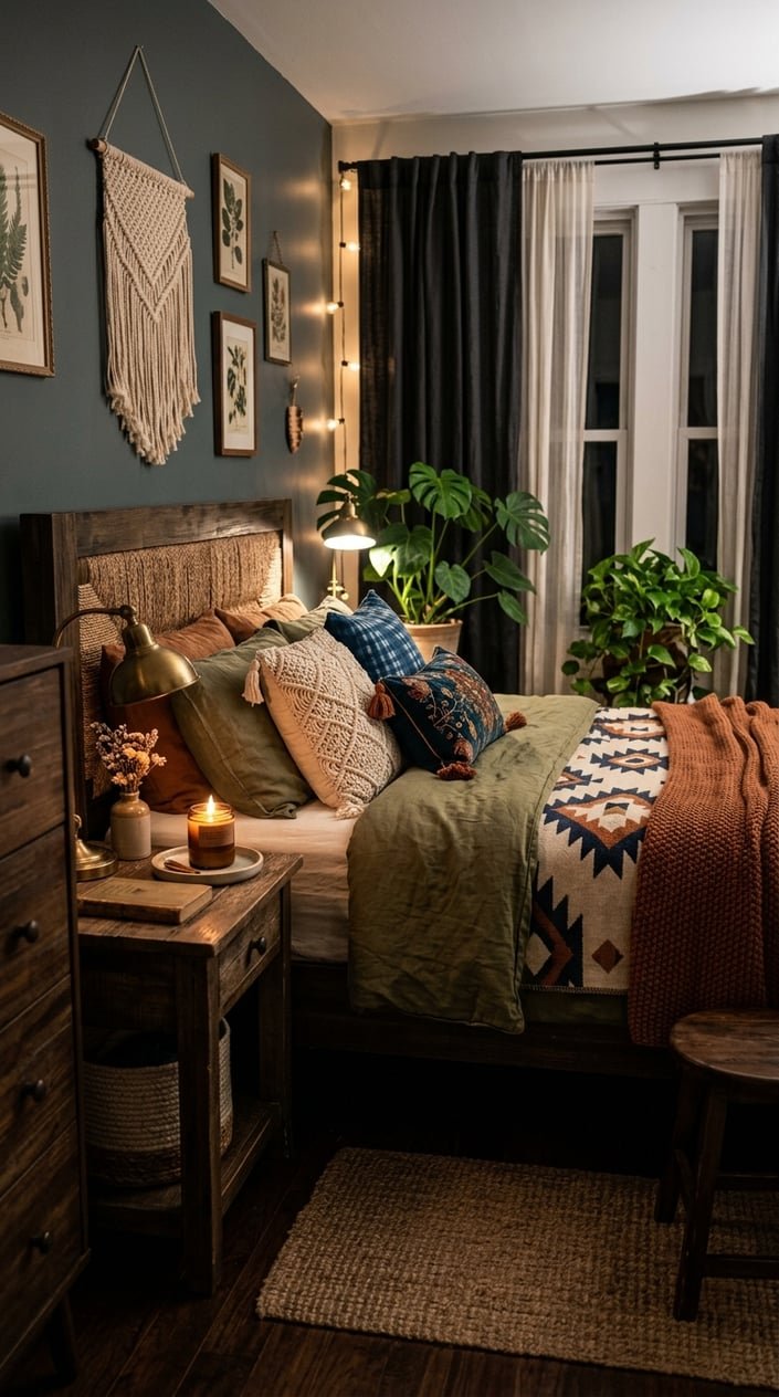 A small bedroom with dark wooden furniture, a lit scented candle on a bedside table, warm lighting, and cozy textiles.