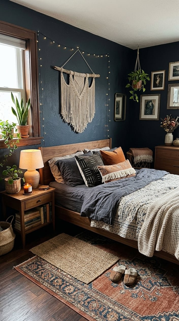 A small bedroom with dark walls, wooden furniture, soft blankets and pillows, plants, and warm lighting creating a cozy atmosphere.