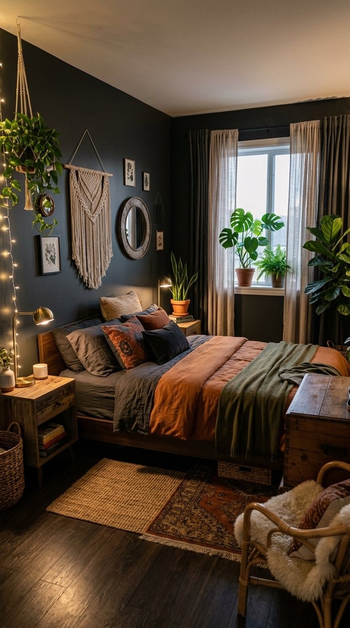 A small bedroom with a bed, plants, wooden furniture, and warm ambient lighting creating a cozy atmosphere.