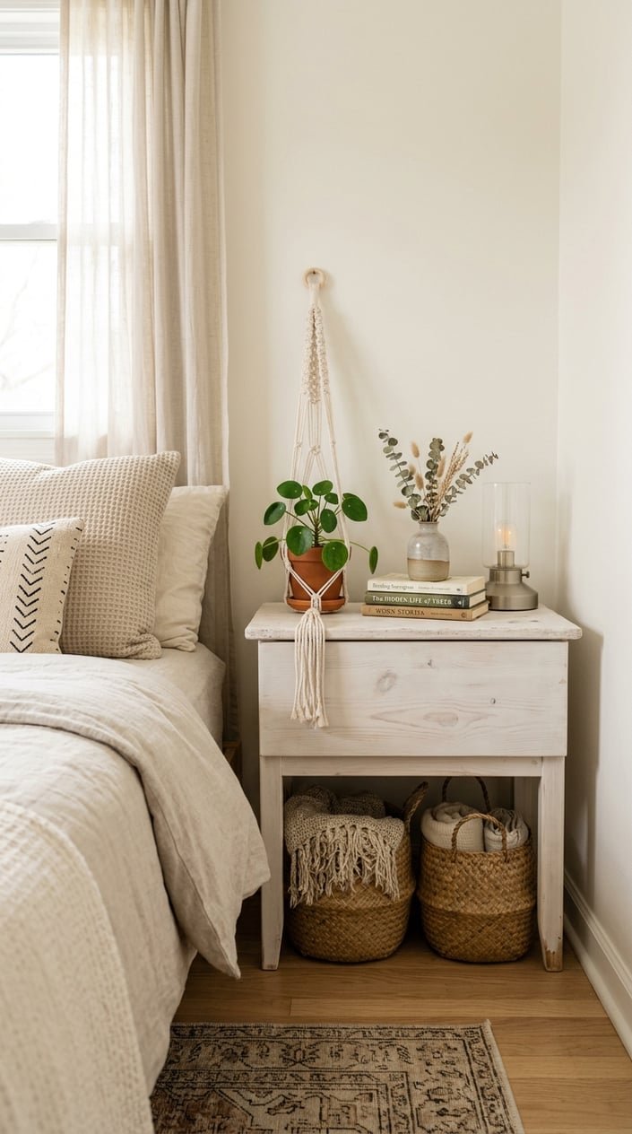 A bedroom corner with a whitewashed wooden nightstand beside a bed, decorated with a potted plant, woven baskets, and small decor items.