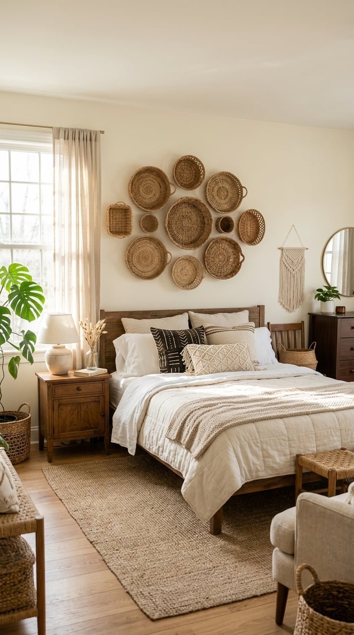 A bedroom with a bed beneath a wall decorated with a group of woven jute baskets.