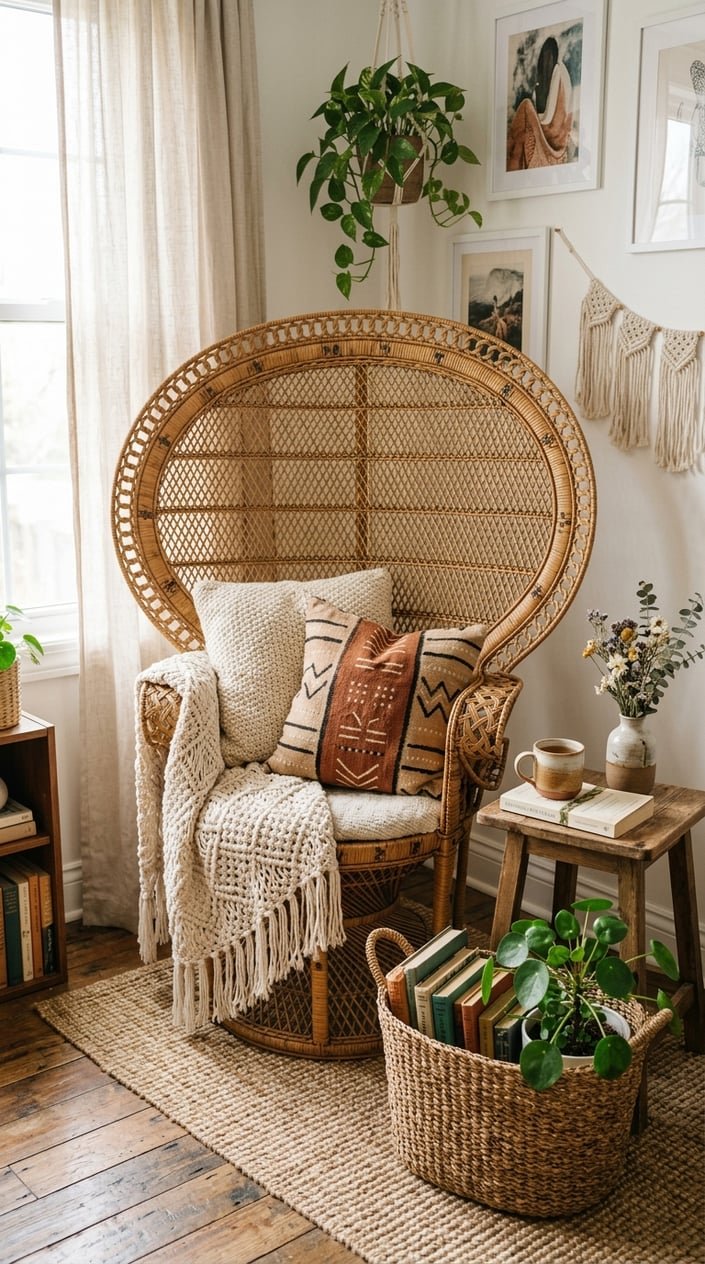 A cozy reading corner with a woven chair, cushions, baskets with books and plants, and warm natural lighting.