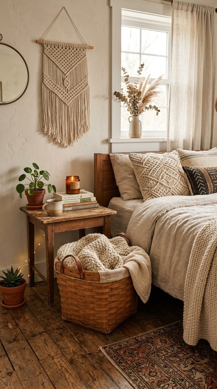 A cozy bedroom corner with a woven basket used to hold blankets next to a bed, surrounded by plants and decor.