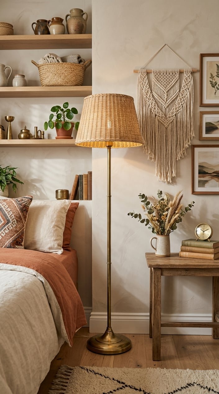 A cozy bedroom corner with a brass floor lamp featuring a rattan lampshade, surrounded by woven baskets, macrame decorations, and wooden shelves.