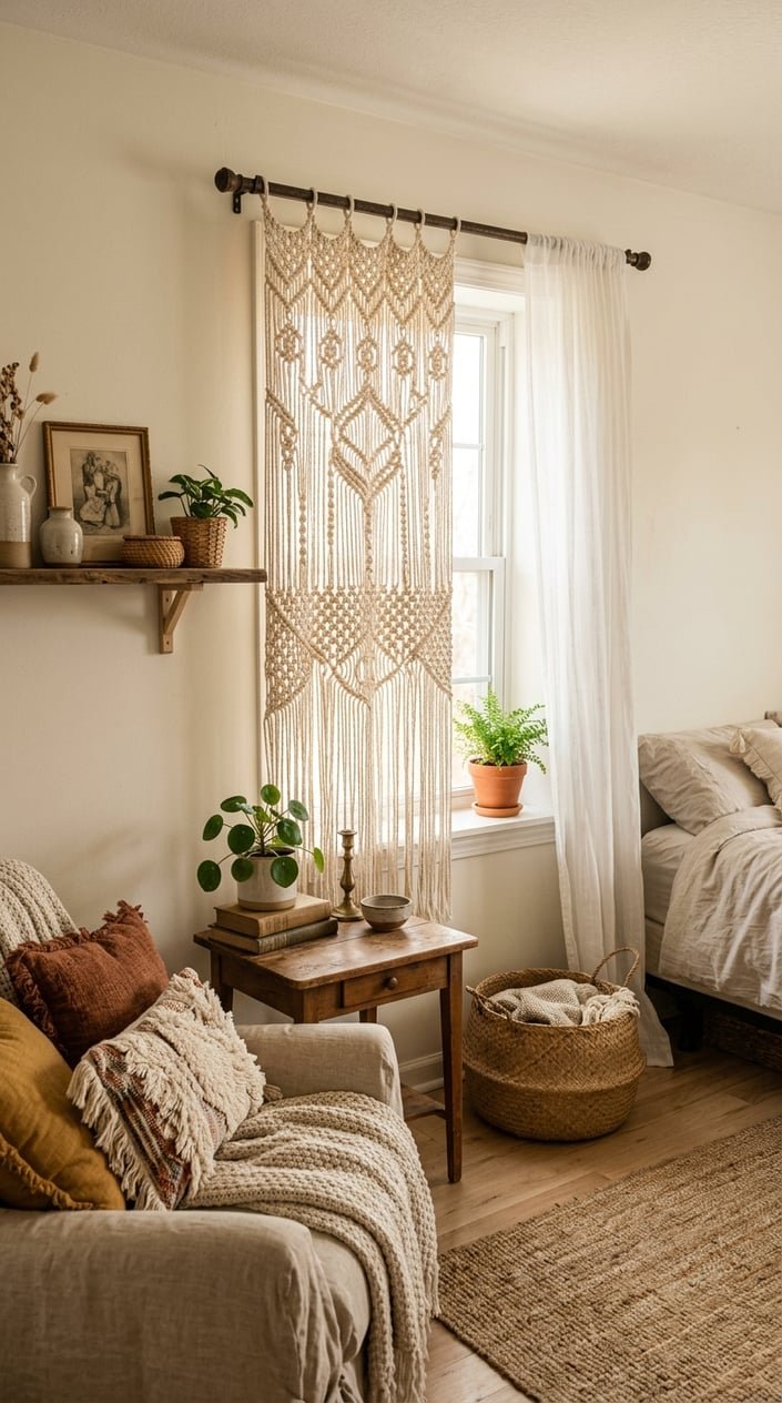 A bedroom corner with a layered macrame curtain panel over a sheer curtain, surrounded by baskets and vintage decor.