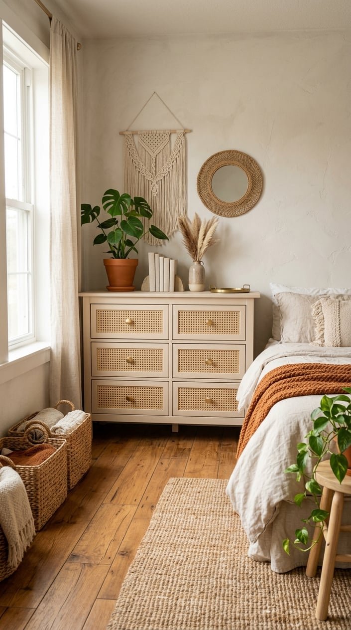 A refinished wooden dresser with cane-front drawers in a bright bedroom decorated with macrame, woven baskets, and plants.