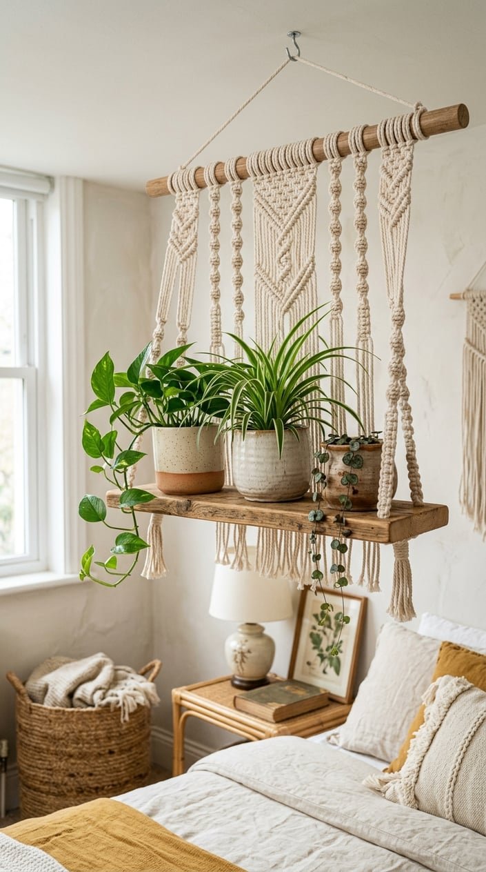 A hanging wooden shelf with green potted plants suspended by cotton macrame rope against a bedroom wall.