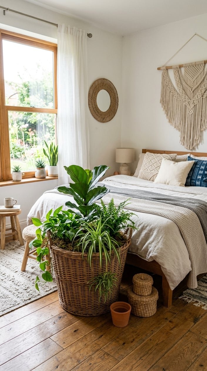 A wicker laundry hamper filled with green plants placed beside a bed in a bright bedroom with boho decor and natural light.