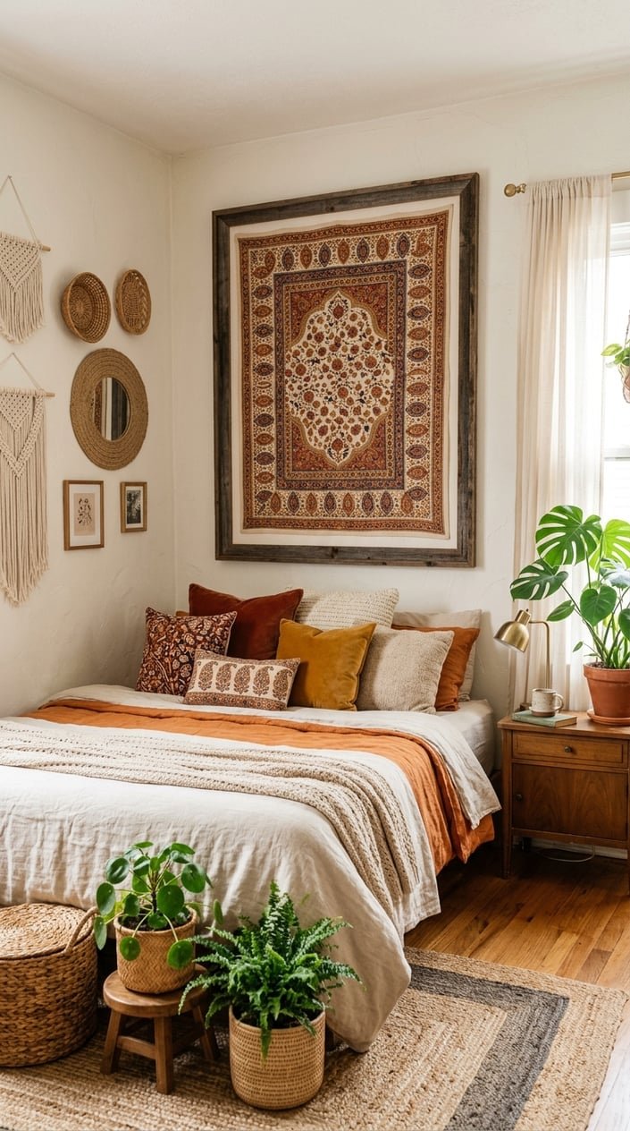A cozy bedroom with a large framed vintage patterned scarf hanging on the wall above a bed surrounded by woven baskets, plants, and textured textiles.