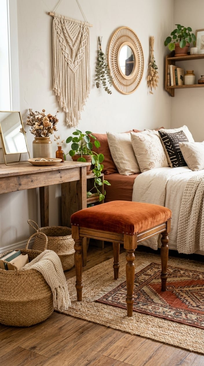 A cozy bedroom corner featuring a repurposed vanity stool with a rust velvet or ochre linen seat, surrounded by woven baskets and macrame decor.