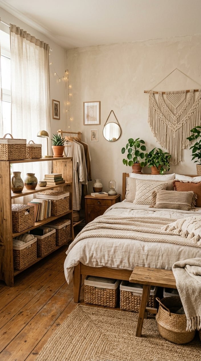 A cozy bedroom with open shelves holding woven baskets, a bed with decorative pillows, and natural light coming through sheer curtains.