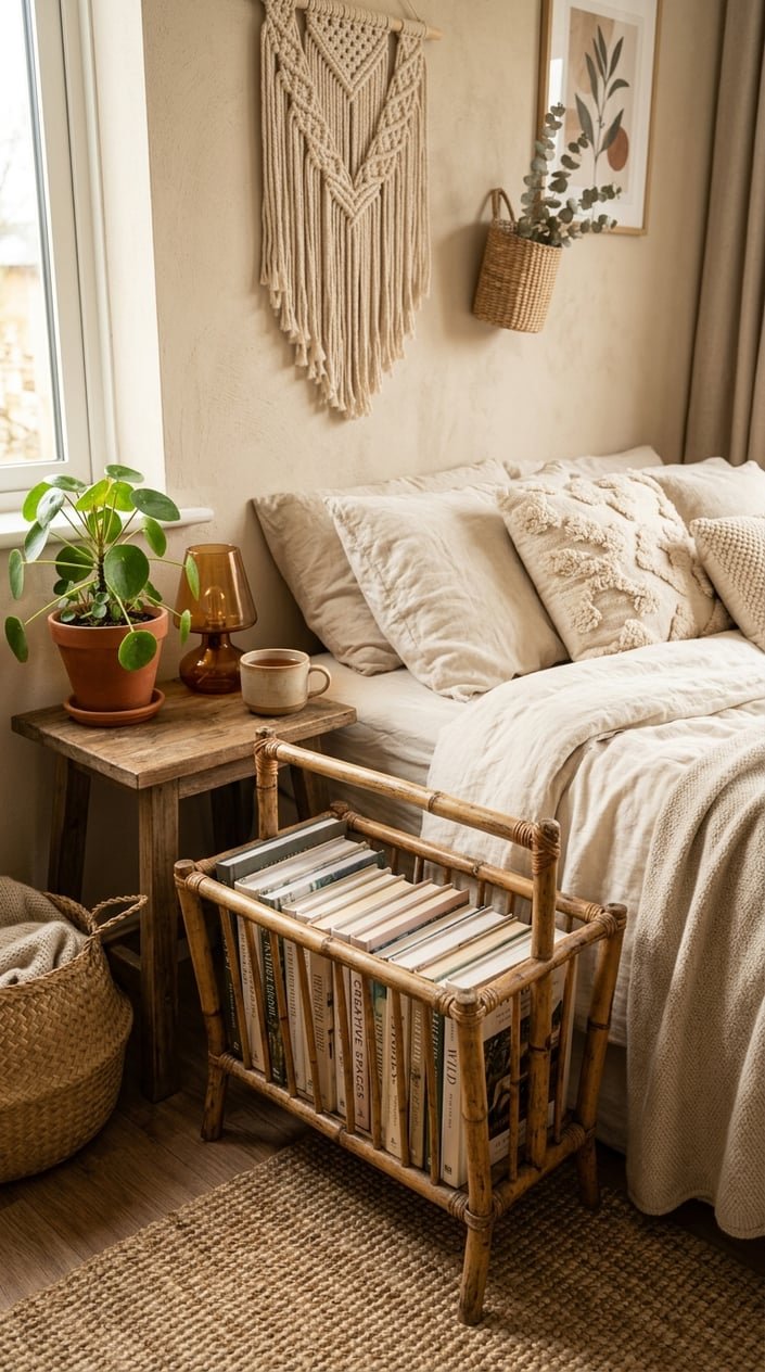 A bedside area with a bamboo magazine rack holding books next to a bed with neutral bedding and boho decor including macrame and baskets.