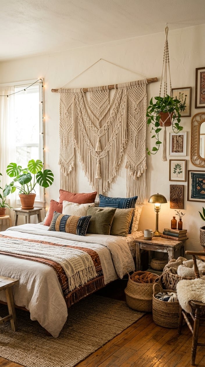 A bedroom with a large macrame wall hanging above the bed, surrounded by woven baskets and plants.