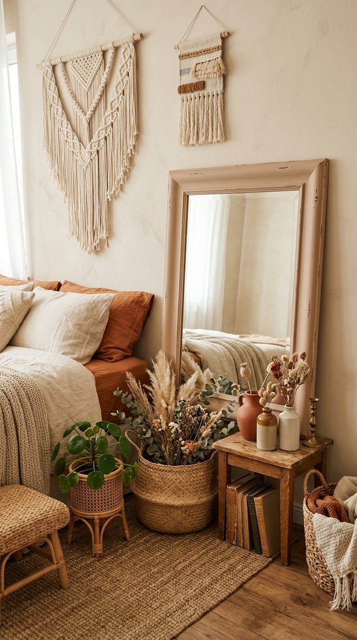 A bedroom corner with a painted wooden mirror surrounded by macrame, woven baskets, and decorative items.