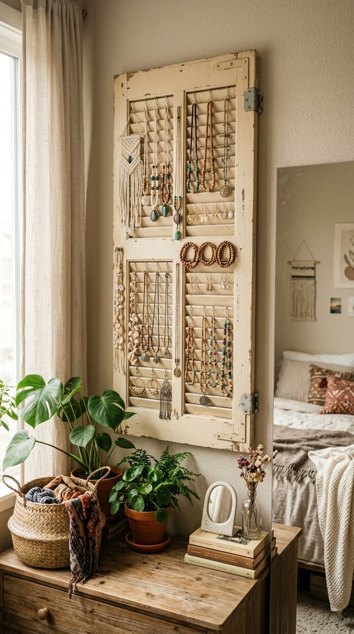 A shutter panel mounted on a wall displaying hanging jewelry, surrounded by baskets and plants in a cozy bedroom.