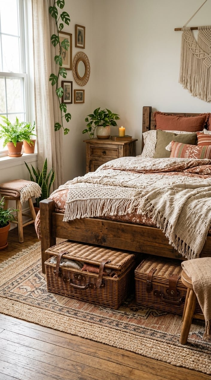 A bedroom with vintage picnic baskets stored under a wooden bed, surrounded by plants and cozy decor.