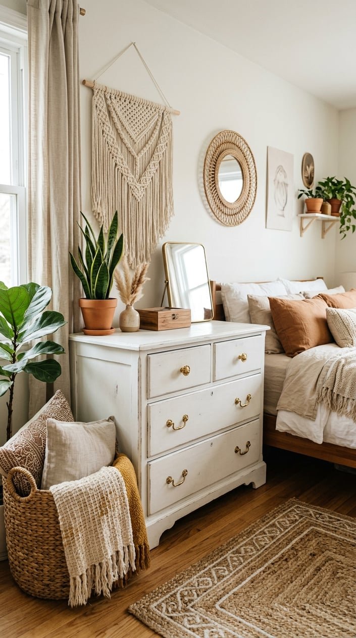 A white wooden dresser with brass drawer pulls in a bedroom decorated with macrame, baskets, plants, and soft textiles.