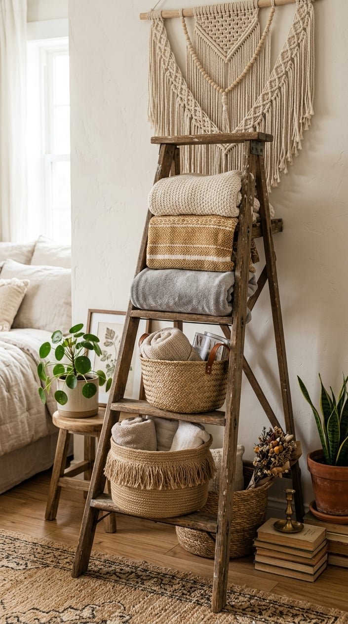 An old wooden step ladder used as a shelf holding blankets and baskets in a bedroom corner with plants and decor around it.