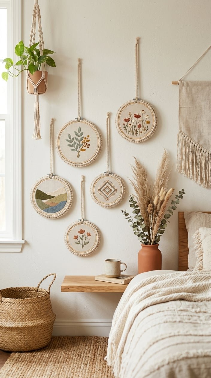 Mini embroidery hoops wrapped in macrame cord hanging on a wall with woven baskets and dried flowers nearby.