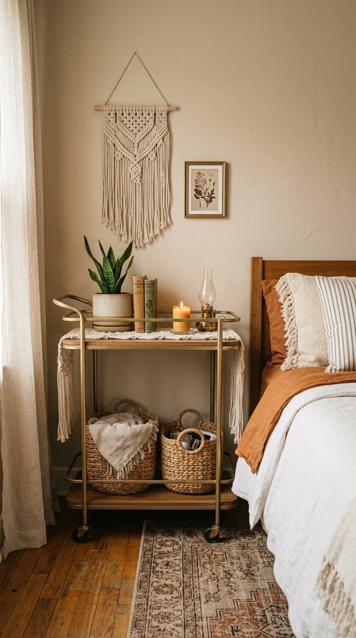 A bedroom corner with a vintage bar cart used as a nightstand holding baskets, plants, candles, and books next to a bed.