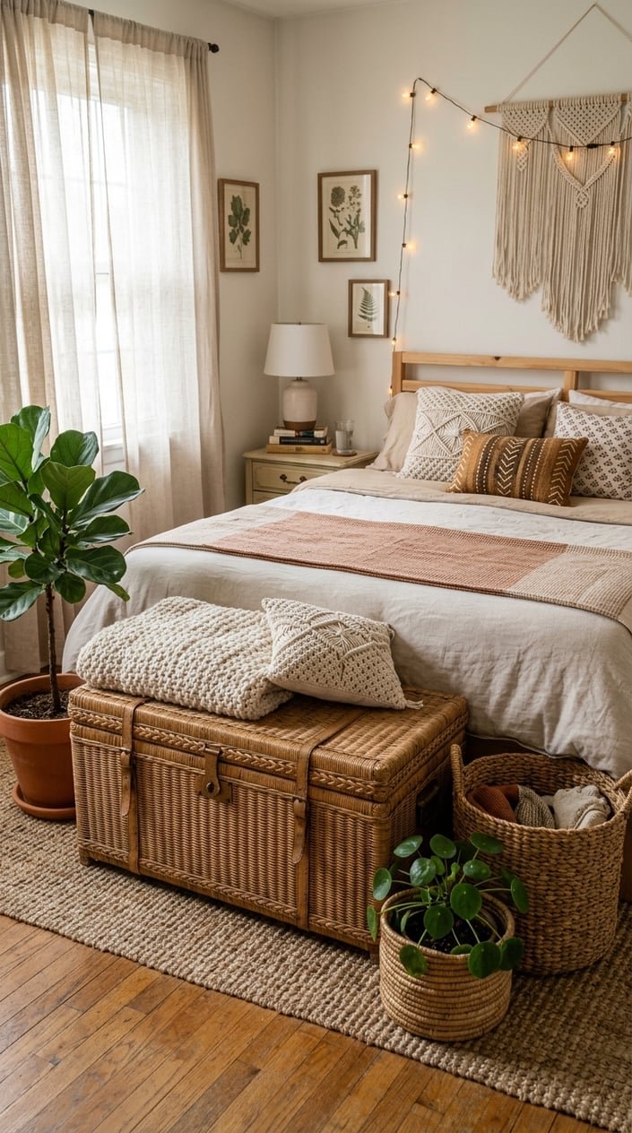 A bedroom with a rattan trunk used as a bench at the foot of the bed, surrounded by woven baskets and plants.